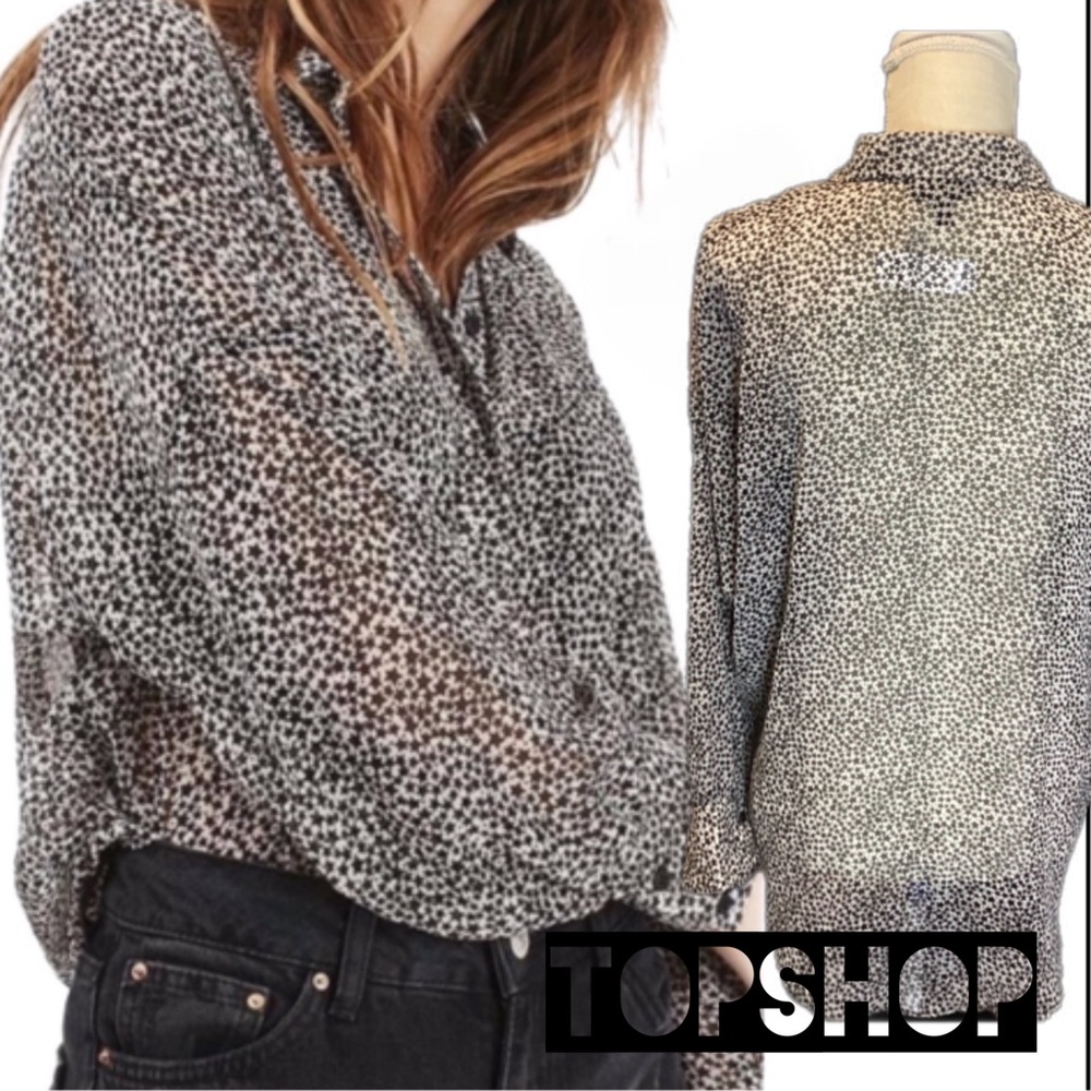 ‼️SOLD💕🔥 TOPSHOP EUC Women 6 Semi-Sheer Hi-Lo Black White Star Pattern Blouse - Picture 1 of 16